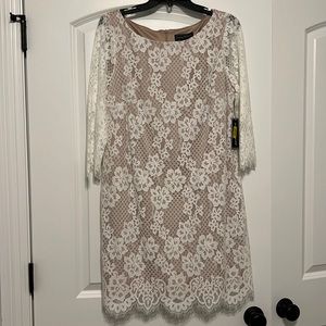 NWT. Short, White lace Jessica Howard dress. 14P